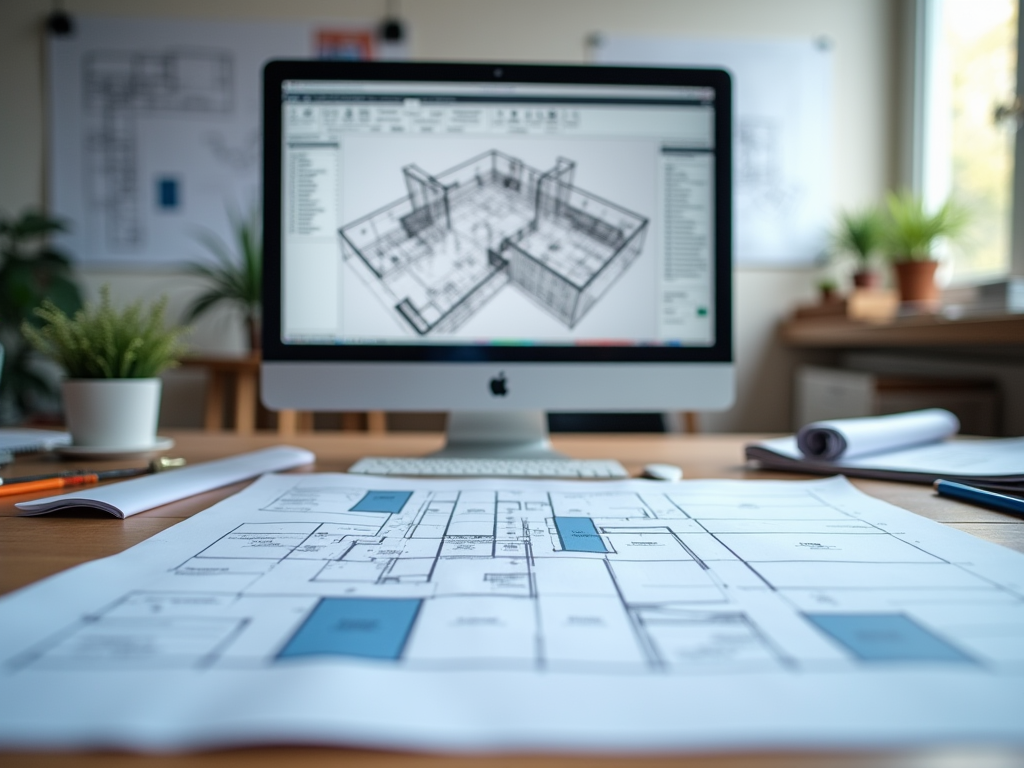 Рабочий стол архитектора с чертежами и компьютером, отображающим 3D план.