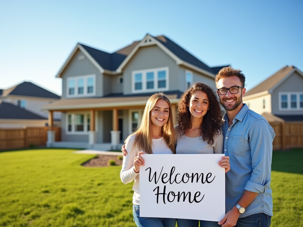 Три человека стоят перед новым домом, держат плакат с надписью "Welcome Home".