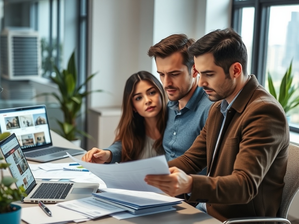 Трое людей в офисе обсуждают документацию, сидя за столом с ноутбуками и бумагами.