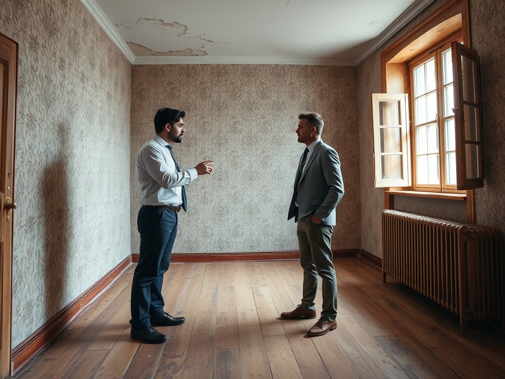 Два человека в деловом костюме стоят и разговаривают в пустом помещении с окнами и радиатором.