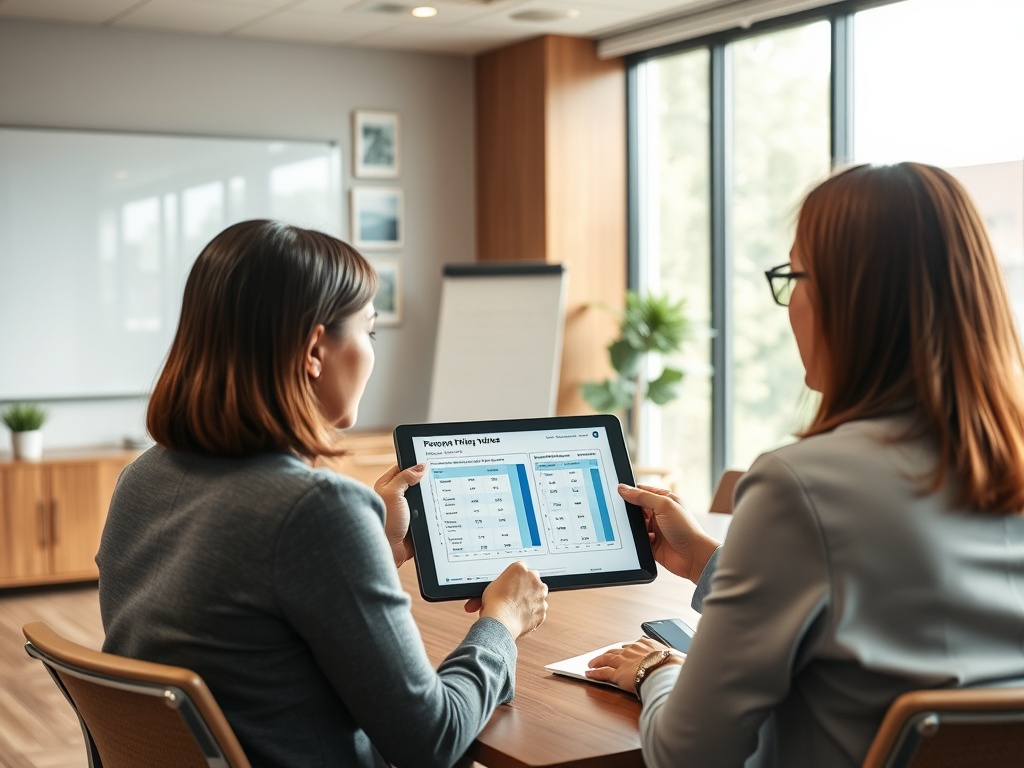 Женщины в офисе обсуждают данные на планшете в современных деловых обстановках.