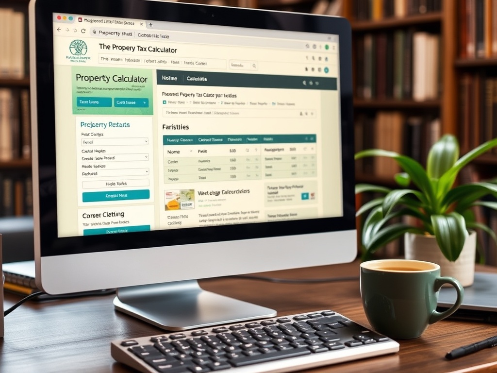 На экране монитора калькулятор налогов на недвижимость, рядом чашка и растение. Стильный офисный интерьер.