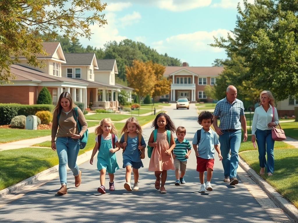 На улице идут дети с родителями, они улыбаются и направляются к школе в солнечный день.