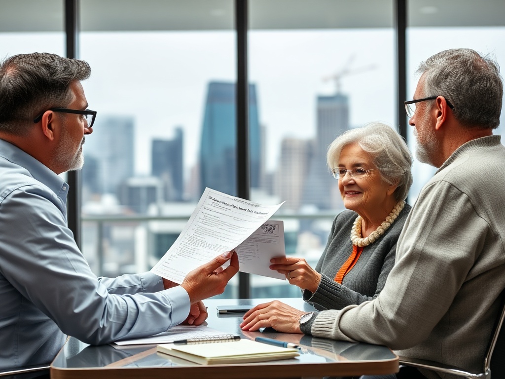 Трое людей обсуждают документы в офисе с видом на город. Атмосфера дружелюбная и сосредоточенная.