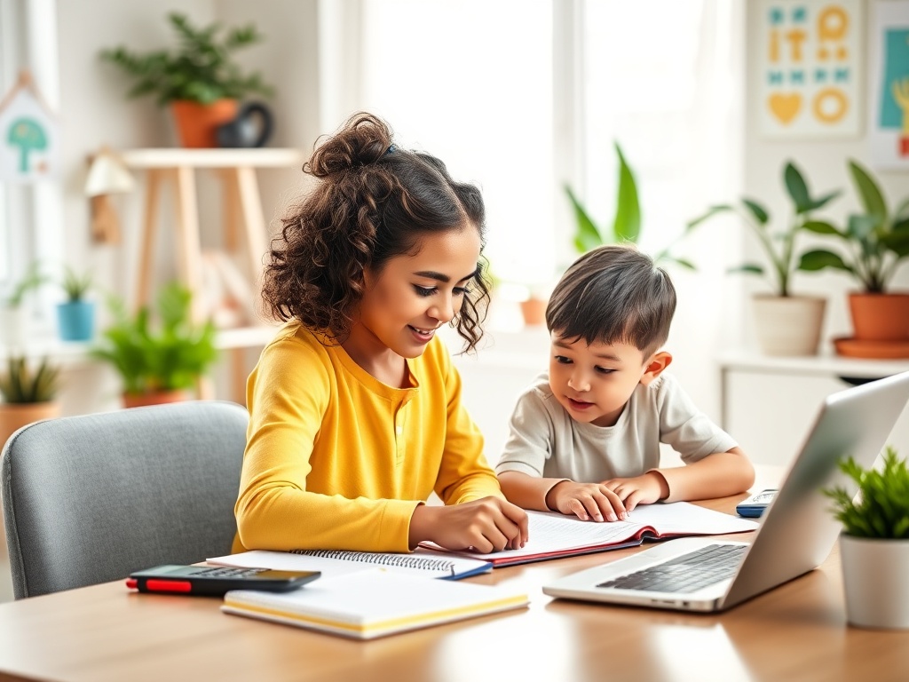 На изображении девушка и мальчик занимаются учебой за столом, окруженные растениями и учебными принадлежностями.