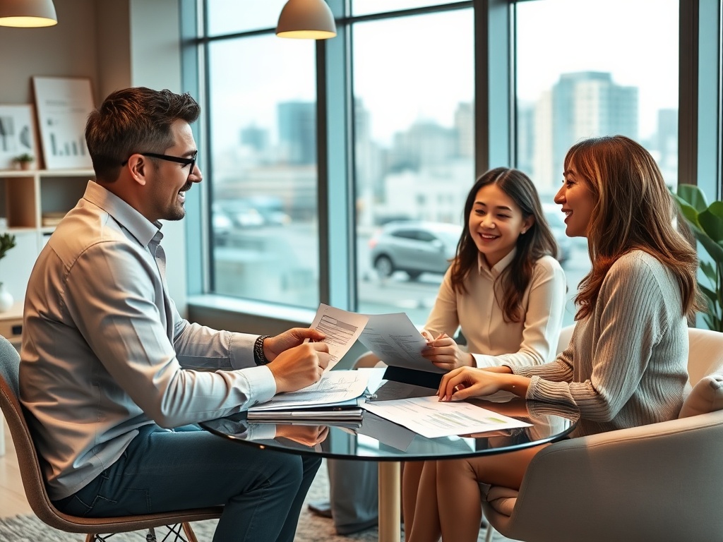 Трое людей обсуждают документы за столом в офисе с большими окнами и городским пейзажем.