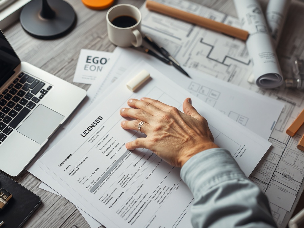 На столе лежат документы и ноутбук, человек заполняет формы с лицензиями. Стакан кофе рядом.