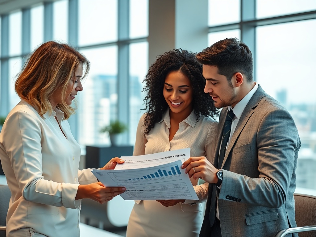 Три человека в офисе обсуждают графики и отчеты, стоя возле окна с видом на город.